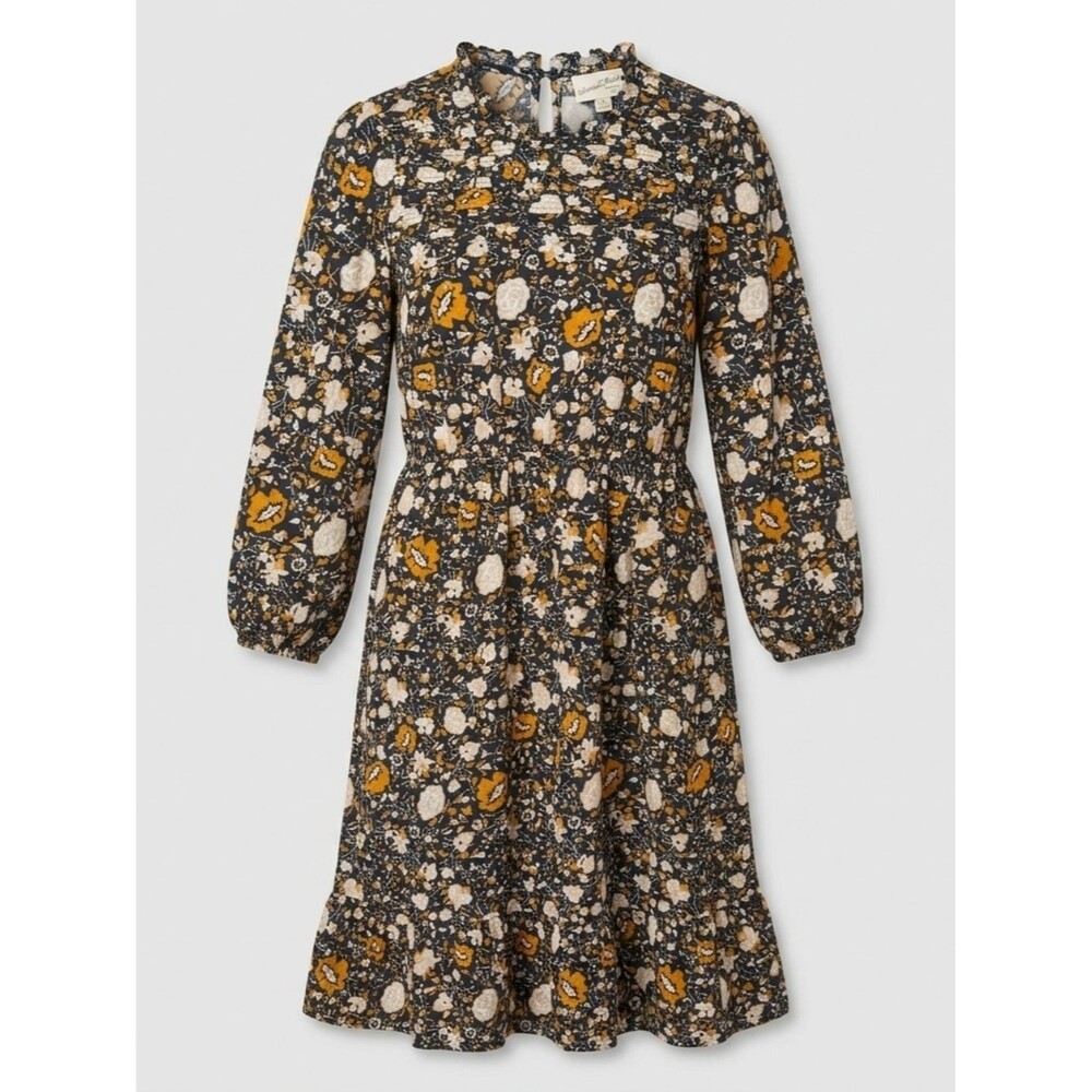 Universal Thread Navy Floral Ruffle Neck Midi Dress with Mustard Accents Med - Picture 2 of 6